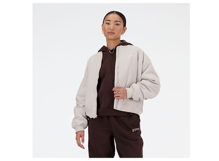 Women New Balance Shirts | Linear Heritage Woven Bomber Jacket Moonrock