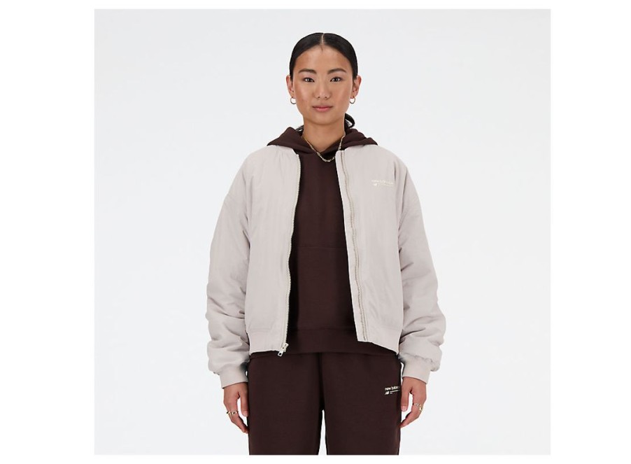 Women New Balance Shirts | Linear Heritage Woven Bomber Jacket Moonrock