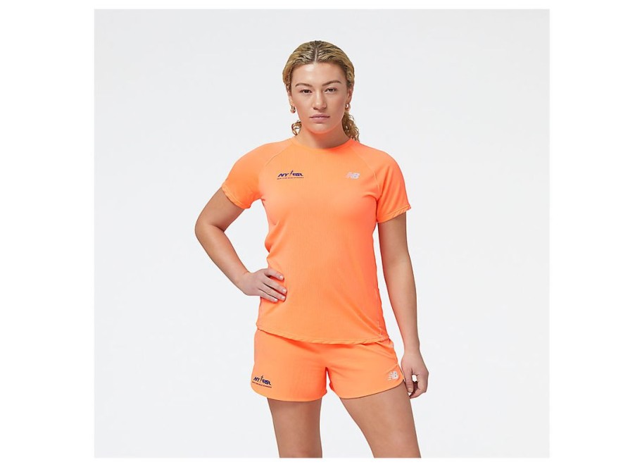 Women New Balance Shirts | Run For Life Impact Run Short Sleeve Neon Dragonfly Heather