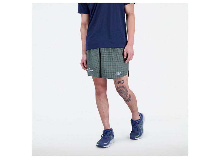 Men New Balance Shorts | Run For Life Printed Impact Run 5 Inch Short Deep Olive Green