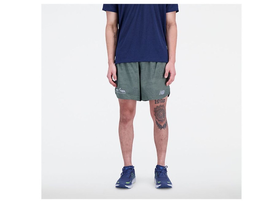 Men New Balance Shorts | Run For Life Printed Impact Run 5 Inch Short Deep Olive Green